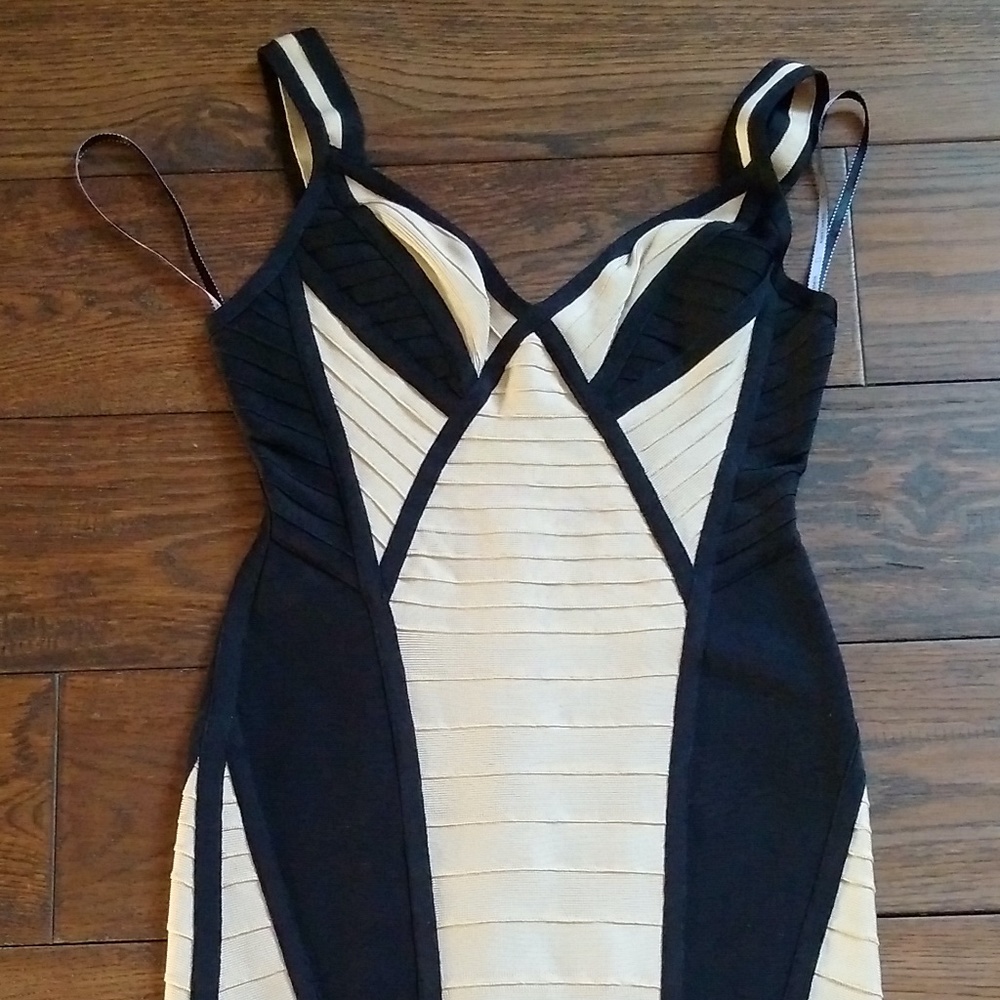 Herve Leger Karina Color block Black and Dune Sleeveless Dress S  